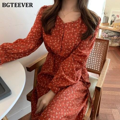 BGTEEVER Vintage Square Collar Lace Up Women Dress Floral Print A-line Dress Female Casual Puff-sleeve Long Vestidos 2020 Spring