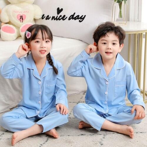 2021 Pajamas Set for Children Soild Short Summer Boys Homewear Kids Cotton Long Sleeve Sleepwear Pijamas Blue Girl Nightwear Set