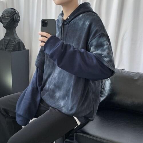 2021 Spring Fashion Tie Dye Fake Two Hooded Hoodie Men Sweatshirts Hot Sale