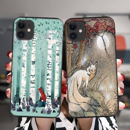 Black Phone Case For iPhone 12 11 Pro XS Max 6 6S 8 7 Plus X XR 5 5S SE 2020 12Mini Birches The Wish Fox Deer Silicone Cover