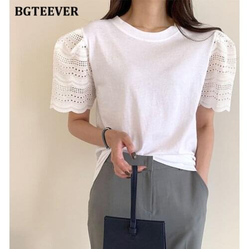 BGTEEVER Elegant O-neck Short Sleeve Lace Patchwork Women T-Shirts 2021 Summer Casual Loose Cotton Female Pullovers Tees