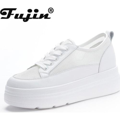 Fujin women shoes platform flats white genuine leather air mesh hollow thick sole wedge heel zapatos para mujer elegante