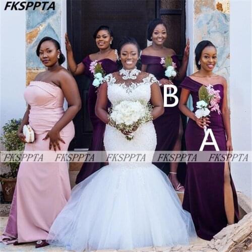 Graceful Long 2021 Mermaid Bridesmaid Dresses With Slit Off The Shoulder Silk Satin Appliques Black Women Wedding Party Gowns