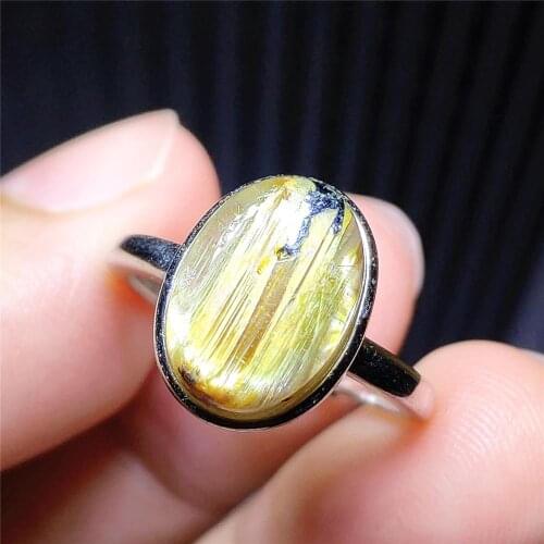 12x9mm Natural Gold Rutilated Quartz Adjustable Men Ring Crystal Oval 925 Sterling Silver Wealthy Stone Ring AAAAAA