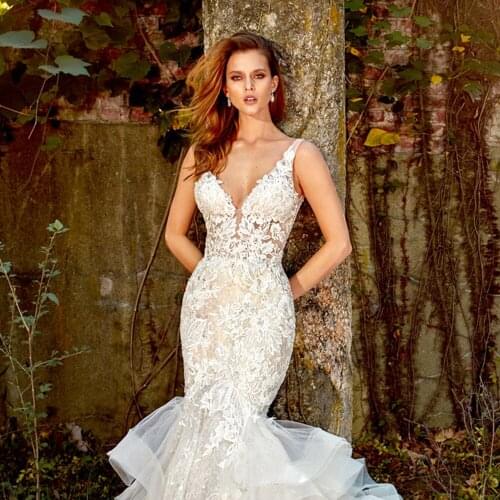 Lace Crystal Appliques Lace Mermaid Wedding Dress With Ruffles Skirt sexy V-neck Backless Illusion Trumpet Bridal Gowns