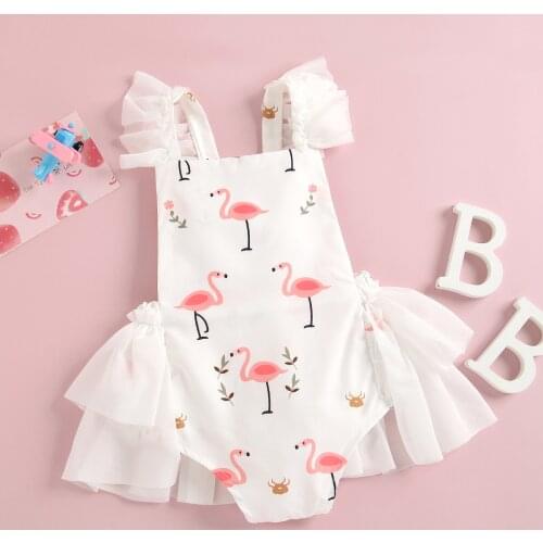 Summer Infants Girl Sweet Bodysuits Baby Toddler Lace Flamingo Printed Fly Sleeves Home Sleeping Kids High Waist Summer Outfits