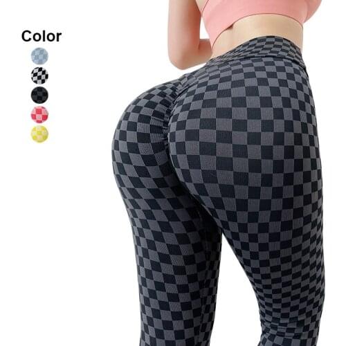 Ribbed Yoga Pants Women Leggings For Fitness Push Up Plaid Pattern High Waist Workout Tights Squat Proof Seamless Sports Leggins