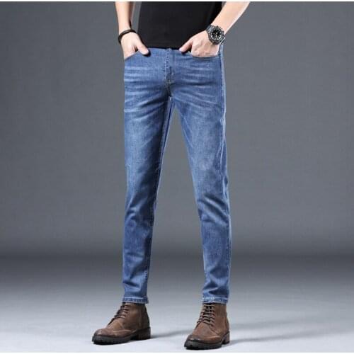 Mens jeans spring and summer business casual light blue denim trousers mens straight slim Korean style trendy pants