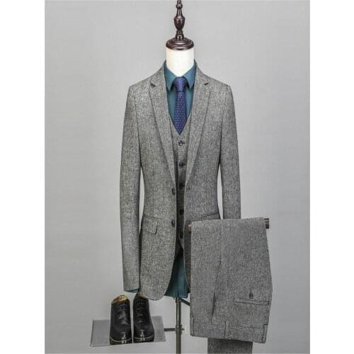 Mens Vintage Suit 2 Button 3 piezas para hombre esmoquin de novio de negocios traje de Tweed de boda