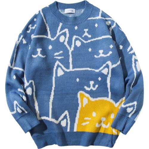 2020 Autumn and Winter New Cartoon Cat Round Neck Mens Sweater Loose Pullover Couple Sweater Casual Trend Bottoming Shirt