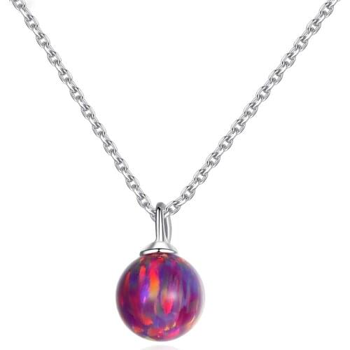 MetJakt S925 Sterling Silver Simple and Versatile Round Red Opal Ladies Pendant Necklace