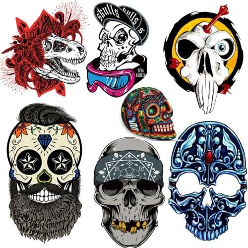 Pulaqi Skull/Punk Patch Iron On Transfers Punk Heat Transfers Patches For Clothes Thermal Heat Transfer Vinyl Iron on Stickers