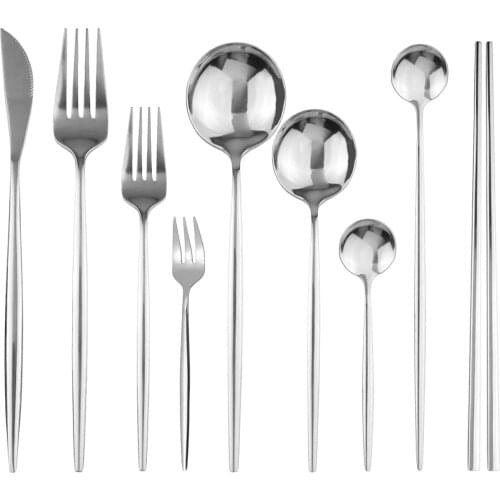 Silver Dinnerware Set Stainless Steel Silverware Knife Fork Spoon Tableware Chopsticks Cake Fork Kitchen Flatware Luxury Cutlery