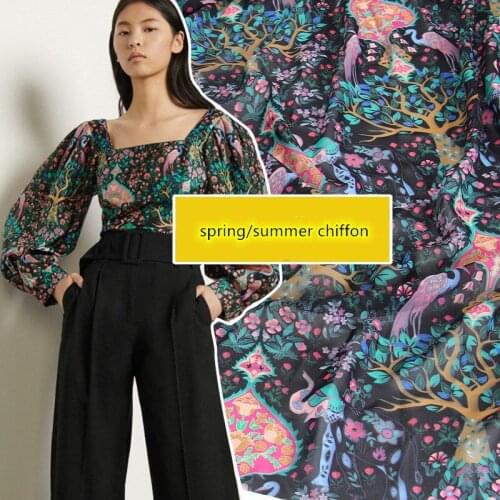 New European and American style exotic animal fortune tree digital printing spring/summer chiffon garment fabric sewing fabric