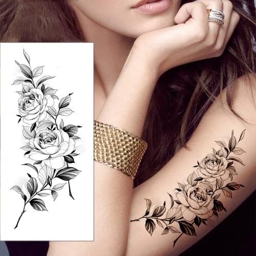 Waterproof Temporary Tattoo Sticker Sketch Flowers Stickers Black and White Roses Human Body Art Supplies General Tattoo Tools