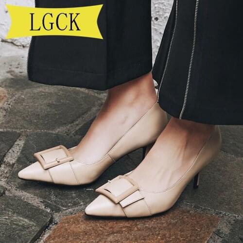 Plus Size 34-39 High Heels Shoes Genuine Leather Luxury Women Pumps Beige Woman Shoes Sexy Pointed Toe Wedding Party Shoes new