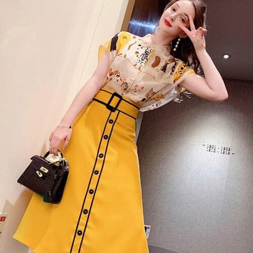 2021 Summer New Women Two Piece Set Fashion Floral Print Chiffon Shirt+Solid High Waist Color Mid-Calf Length Skirt Elegant Suit