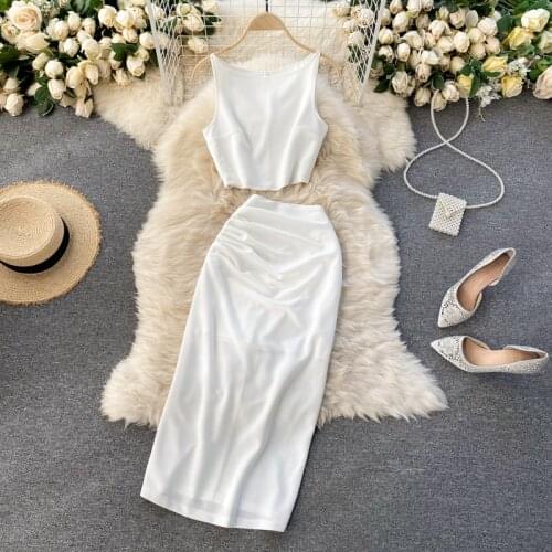 Womens Skirt Suits White Black Two Piece Sets 2021 Summer Clothing Set Sleeveless Crop top and High Waist Ruched Midi Skirt Set