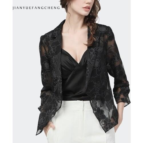 See Through Burn-Out Flower Organza Blazer Women Short Loose Unbuttoned Outwear Summer Sun Protection Lightweight Casual Coat