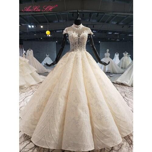 AnXin SH Luxury princess flower champagne lace high neck beading crystal illusion white long sleeve wedding dress 100%real photo