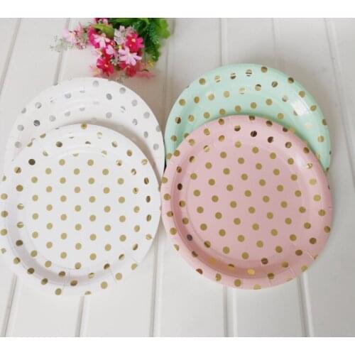 Gold Polka Dot Party Supplies And Tableware Set Birthday Decorations, Disposable Paper Plates Party Favors 7Inch 8Pcs