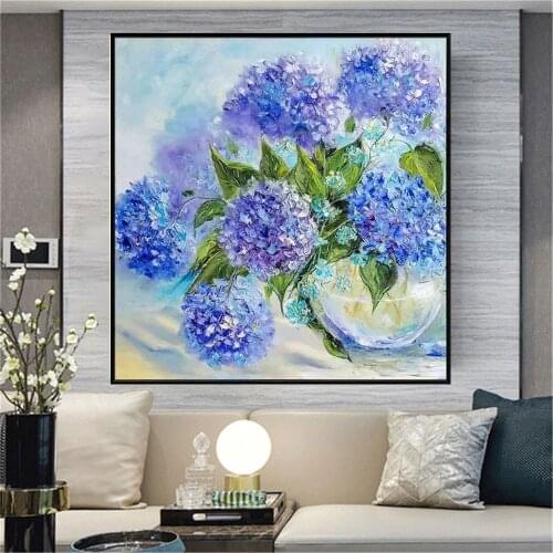 100% hand-painted charming blue hydrangea beautiful oil painting modern home decoration painting aisle flower wall art entrance