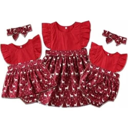2020 Baby Christmas Clothing Toddler Baby Girl Sister Matching Fly Sleeve Xmas Pattern Printed Jumpsuit Romper Dress