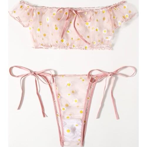 2021 New Style Women Sexy Mesh Lingerie Set Off Shoulder Daisy Print Bra and Panty Set Nightwear