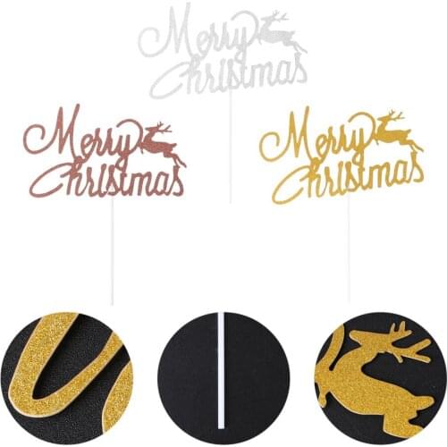 24pcs Merry Christmas Letter Cake Picks Deer Pattern Cupcake Decoration Cake Topper Party Supplies (Rose Gold + Gold + Silver)