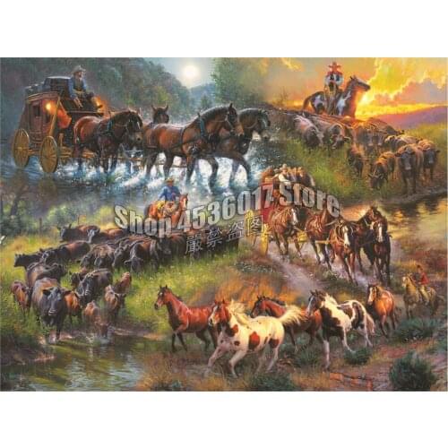 Diamond Mosaic DIY Diamond Painting Cross Stitch Wagon Trails Horses Vintage Home Decor Picture Of Rhinestone Full Handmade Gift