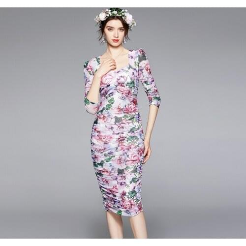 Floral Bandage Dresses Rushed Mesh Elastic Waist Sheath Print Catwalk Bodycon Dress Square Collar Prairie Chic Midi Dresses 2021