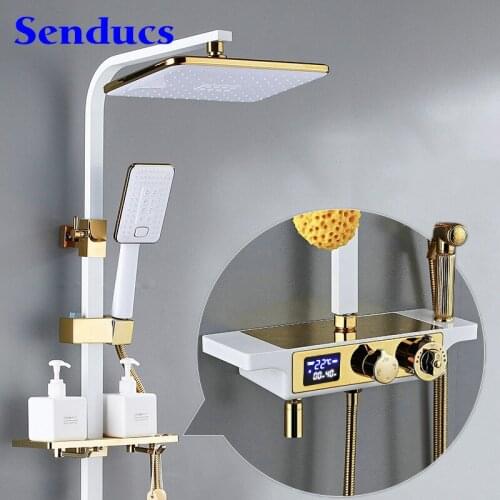 Hot Cold Bathroom Shower System for White Gold Thermostatic Shower Set Rainfall Shower Head Brass Digital Shower Mixer Set