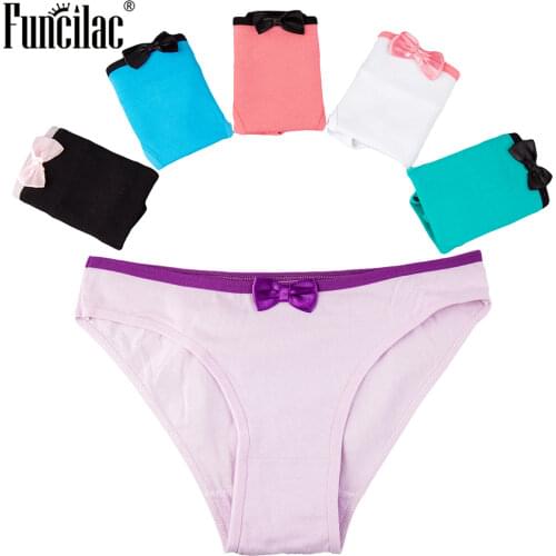FUNCILAC Briefs for Women Sexy Panties Cotton Ladies Underwear Bikini Girls Bow Underpants Solid Color Female Lingerie 5 Pcs/Lot