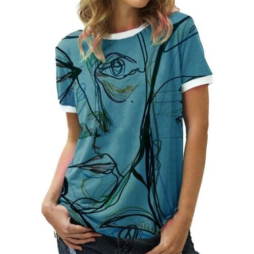 T-shirt Short Sleeve Breathable Polyester Loose Fit Line Art Printing Shirt for Daily Wear Graffiti Short-sleeve Casual Top