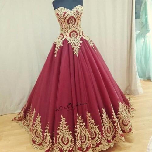 Gothic Dark Red Gold Lace Wedding Dress Plus Size Vestido de Noiva Princess Wedding Gowns Ball Gown Floor Length Bride Dresses