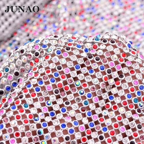JUNAO 45*120cm Mix Color Glass Rhinestone Mesh Fabric Silver Rhinestone Ribbon Sheet Aluminum Mesh Metal Trim DIY Crystal Dress
