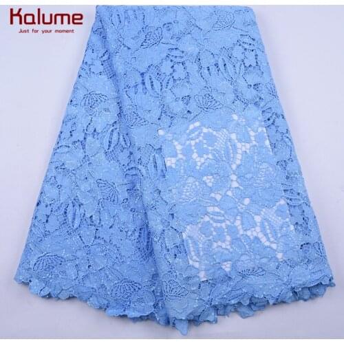 Kalume High Quality Sequins African Guipure Cord Lace Fabric Skyblue Water Soluble Cord Lace Fabric For Nigerian Party F2141