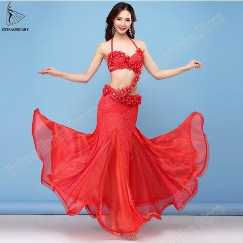 Women Carnaval Oriental Dance Bra Skirt Belt Sleeves 4pcs Set Costume Red Sequins Style Flowers Bellydance Skirts Sexy