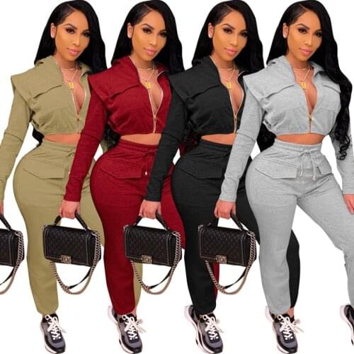 Fashion Sexy Two Piece Set Long Sleeve Zip Hoodies Top Pocket Sweatpants Streetwear Bodycon Women Night Club Outfits S-XXL