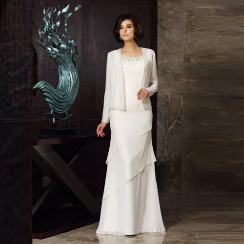 New Elegant Ivory Two Pieces Chiffon Mother of the Bride Dresses With Coat Jewel Neck Sleeveless Beaded Wedding Party Gowns Tier