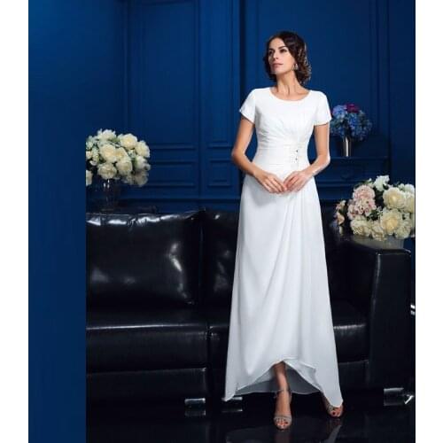 Charming On Sale White High Low Chiffon Mother of the Bride Dresses Short Sleeve Jewel Neck Beaded Wedding Party Gowns Pleating