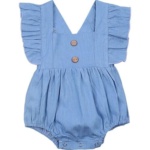 0-24M Cute Summer Infant Baby Girl Denim Romper Blue Solid Button Ruffle Short Sleeve Square Collor Playsuit One Piece