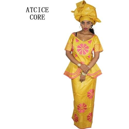 African dresses for women 2018 tradition AFRICAN BAZIN RICHE EMBROIDERY SHORT RAPPER WITH SCARF