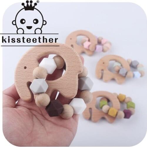 Kissteether New Style Wood Elephant Teether Hexagon Silicone Teething Beads Infant Beech Teether Bracelet Baby Molar Bath Gift