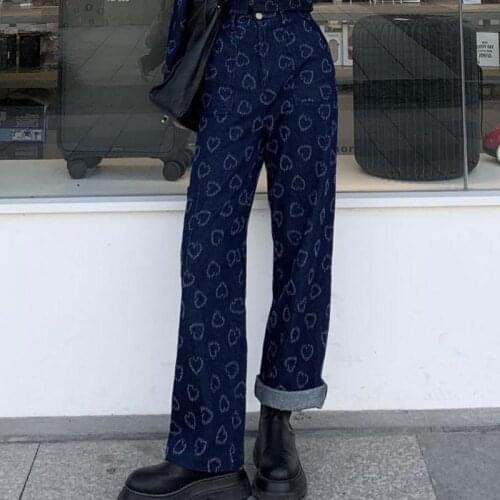 Shnsophi Korean Dark Blue Straight Love Jeans Women Summer 2021 New Vintage Loose High Waist Femme Fashion Wide Leg Denim Pants