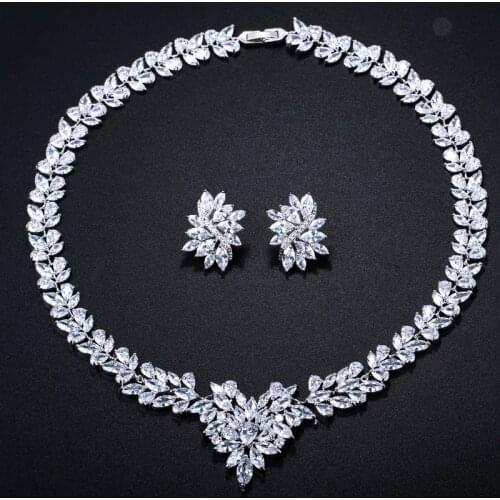 ThreeGraces Nigerian Women Leaf Shape Cubic Zircon Stone Big Bridal Necklace Earrings Jewelry Set For Wedding Dress JS047