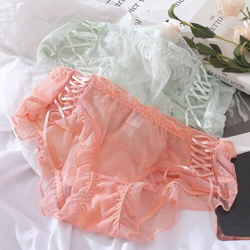 Japanese Sexy Lace Panties for Women Underwear Lolita Cute Pink Panty Ruffles See Through Bandage Briefs Kawaii Lingerie Femme