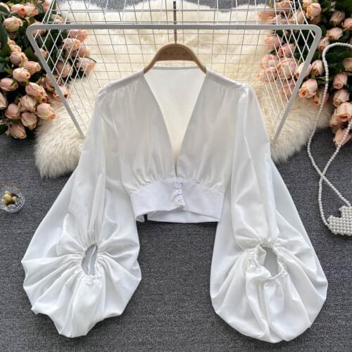 Autumn Womens Shirt Sexy Deep V-neck Buttoned Slim Short Blouse Tops Chic Puff Sleeve Solid Streetwear Casual Crop Tops