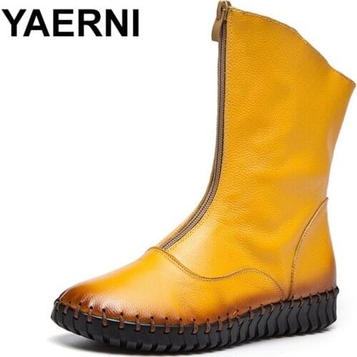 YAERNI Genuine Leather Women Ankle Boots Soft Round Toe Zip Winter Warm Snow Boots Women Flat Casual Shoes Plus Size 35-43 E306