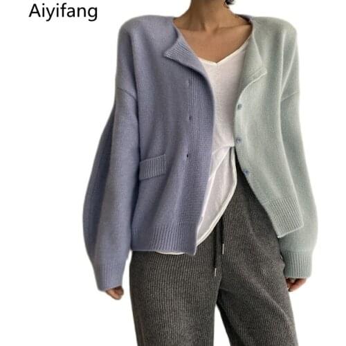 2021 Autumn Womens Chic Loose Knitwear Long Sleeve Contrast Color Patchwork Cardigan Tops Single-Breasted Knitted Sweater Coats